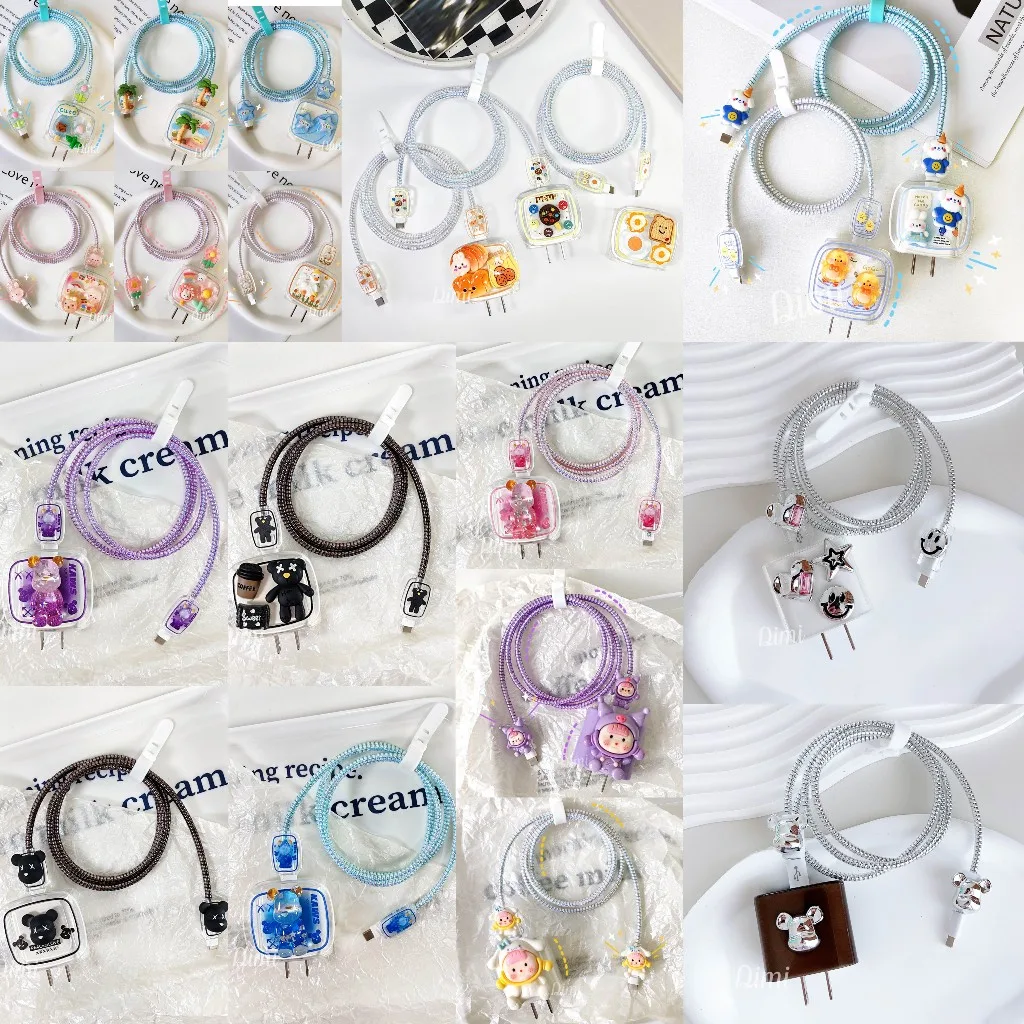 20W พร้อมส่ง ชุดถนอมสายชาร์จ เคสหัวชาร์จ เคส TPUใส สกรีนลายการ์ตูน 2 ด้าน +ชุดพันสายของ 5W และ 18W/20W 35W