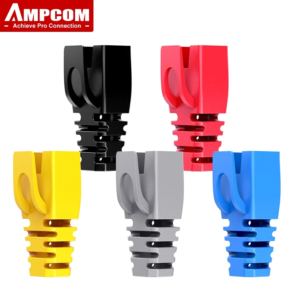 AMPCOM 30/50/100 ชิ้น คลุมกันเสียงสายเคเบิลอีเธอร์เน็ต RJ45 ปลั๊กตัวต่อสายเคเบิลสำหรับ CAT5 CAT5E CAT6