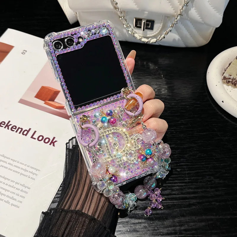 แฟชั่นเพชรเต็มอินเทรนด์กรณี Samsung Z flip 6 เคสโทรศัพท์ flip5 4 3 5G พับหน้าจอป้องกันกรณี oppo findn3flip/n2 พลิกพับ 6 5 4 3 สร้อยข้อมือลูกปัดสีสันสดใสผู้หญิง