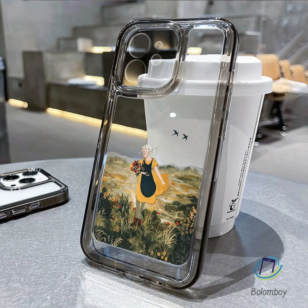 เคสโทรศัพท์ใสกันกระแทก for Iphone 11 XR 12 13 14 ProMax 7 8Plus สาวดอกไม้สีเหลือง ชัดเจนเปลือกนิ่ม เคสป้องกันเลนส์มือถือ