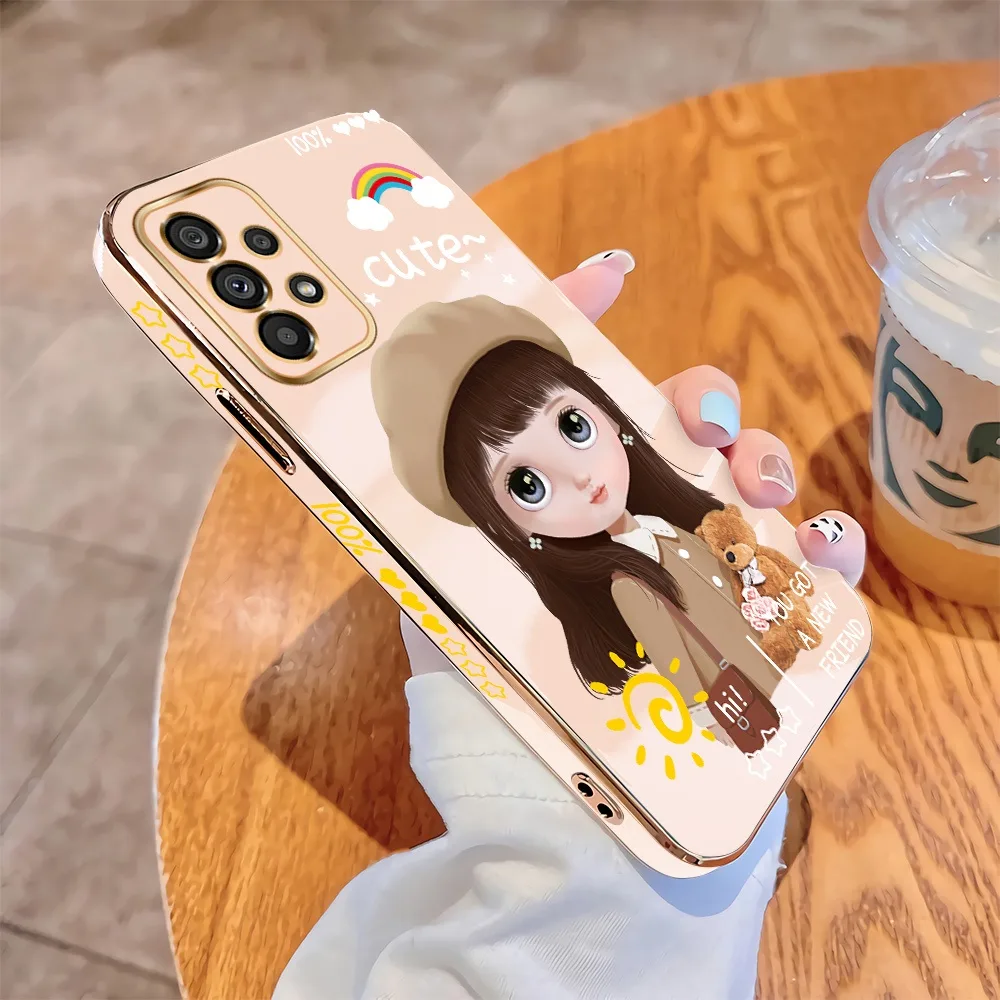 (เชือกเส้นเล็กฟรี) สำหรับ Samsung Galaxy A73 A53 A33 A13 5G A23 A03 การ์ตูนน่ารักสาวสวยปลอก Square EDGE รูปแบบคลุมทั้งหมดหรูหราชุบ TPU เคสนิ่ม