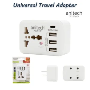 ANITECH H108UC Universal travel adapter 3USB A + 1Type C อแดปเตอร์ ปลั๊กแปลง ปลั๊ก ปลั๊กเดินทาง ขาแบน มีช่องชาร์จ