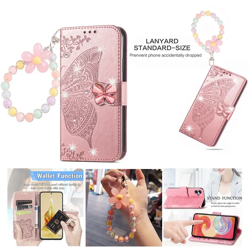 เคสโทรศัพท์มือถือหนัง ฝาพับ ลายผีเสื้อ พร้อมช่องใส่บัตร สายคล้อง สําหรับ VIVO Y36 V27 V27e V25 Pro V25e E 4G 5G