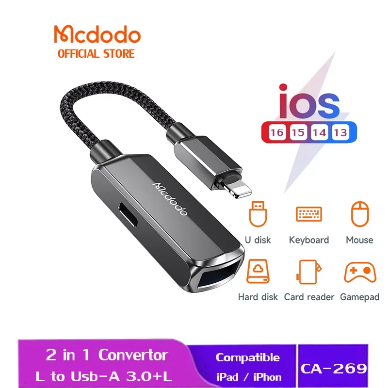 Mcdodo 2 in 1 อะแดปเตอร์แปลงแฟลชไดรฟ์ USB เป็น lightning Type-C OTG สําหรับ iP 15 14 Pro Max 13 12 11 Xr 8 7 U Disk CA-269 CA-283