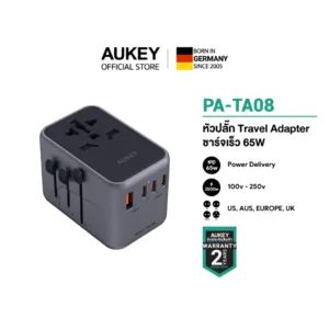 AUKEY PA-TA08 65W หัวแปลงปลั๊กไฟ 65W Universal Travel Adapter มาพร้อม ช่อง USB-C และ USB-A รุ่น PA-TA08