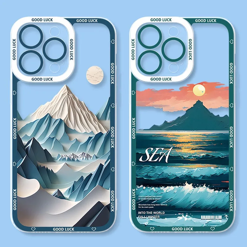 เคสซิลิโคนนิ่ม ลายภูเขาทะเล สําหรับ iPhone 15 14 11 12 13 Pro Max 7 8 Plus SE 2020 XS X XR