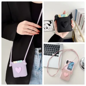 เคสโทรศัพท์มือถือ แบบฝาพับ กันกระแทก ลายหัวใจน่ารัก พร้อมช่องใส่บัตร และสายคล้อง สําหรับ OPPO Find N3flip N2-Flip 5G