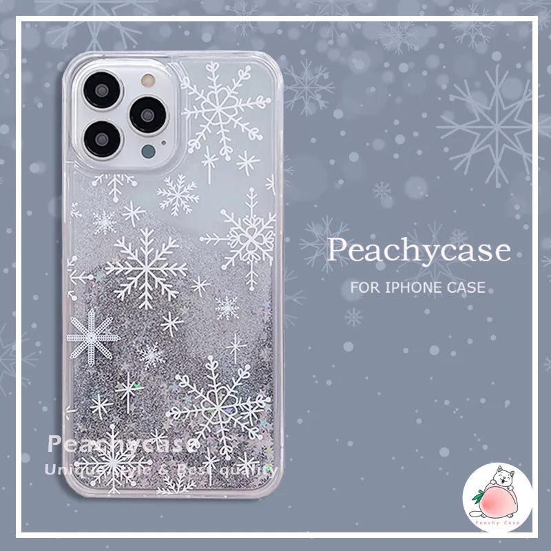 เคสโทรศัพท์มือถืออะคริลิคแข็ง ปิดด้านหลัง แบบกลิตเตอร์ในของเหลว ลายเกล็ดหิมะ คริสต์มาส ฤดูหนาว กันกระแทก สําหรับ iPhone 15 14 13 12 11 Pro Max Xr Xs X 8 7 6 Plus