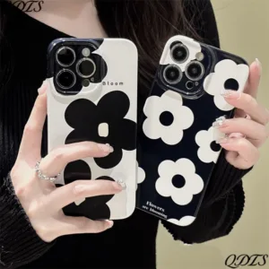 เคสโทรศัพท์มือถือแบบแข็ง กันกระแทก ลายดอกไม้ สีดํา สีขาว สําหรับ Iphone 11 13 14promax 12 78p KCBC