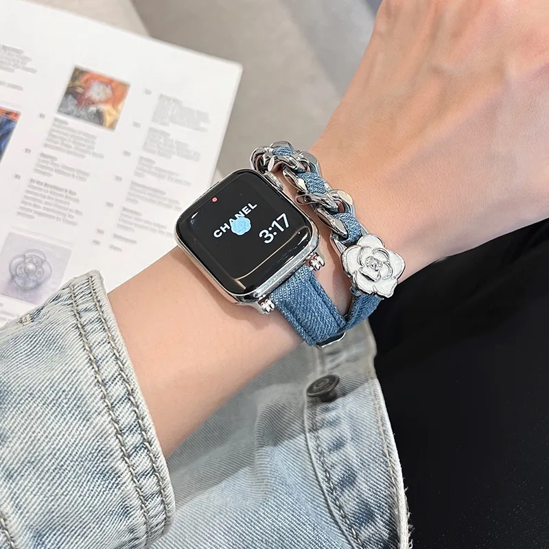 วงดนตรียีนส์วินเทจสำหรับ SmartWatch Ultra 2 10 9 SE 6 7 8 5 4 3 2 1 แหวนคู่ Camellia หนังสร้อยข้อมือ iWatch 49mm 46mm 45mm 41mm 44mm 40mm 42mm 38mm
