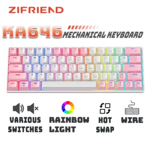 Zifriend คีย์บอร์ดเล่นเกม แบบใช้สาย 63 คีย์ ขนาดเล็ก 60% มีไฟแบ็คไลท์ สีฟ้า สีแดง