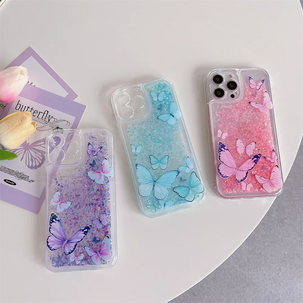 เคสโทรศัพท์มือถือแบบนิ่ม ใส มีทรายไหล แต่งกลิตเตอร์ ลายผีเสื้อ เรืองแสงในที่มืด สําหรับ iPhone 14 Plus 12 11 13 Pro Max