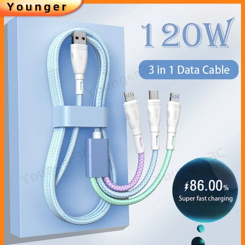 สายชาร์จ 120W 3 In 1 สีมาการอง 6A หลากสี สําหรับ ios Type C Android