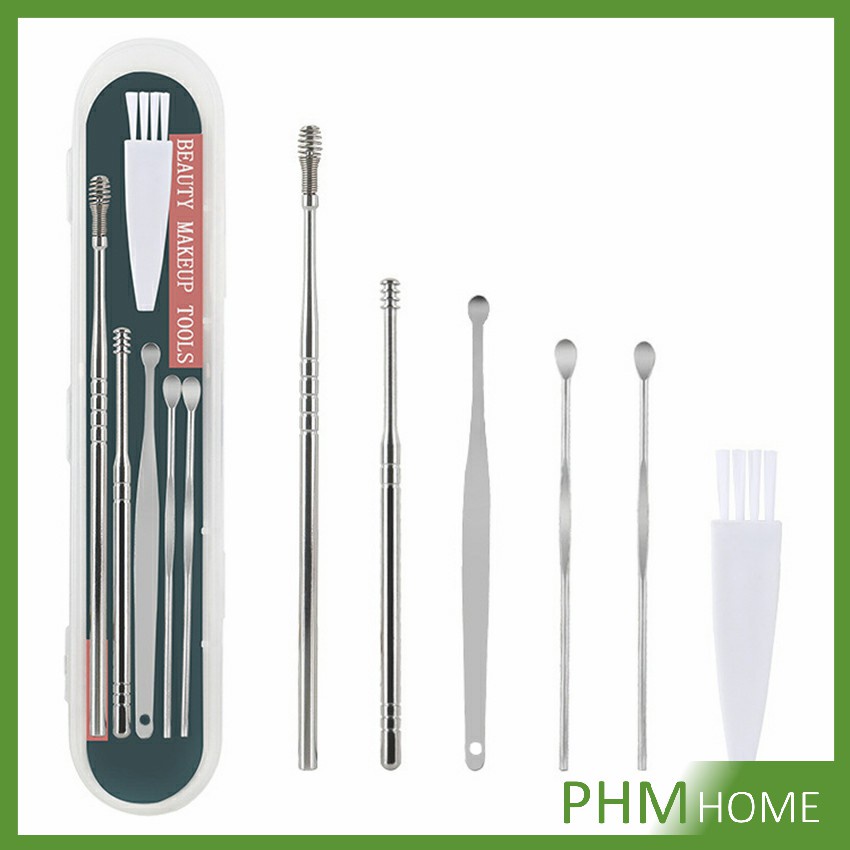ชุดไม้แคะหู พร้อมกล่องใส่ คุณภาพดี 6 ชิ้น วัสดุสเตนเลส  ขนาดสามารถพกพา ชุดตุ้มหู Ear picking set