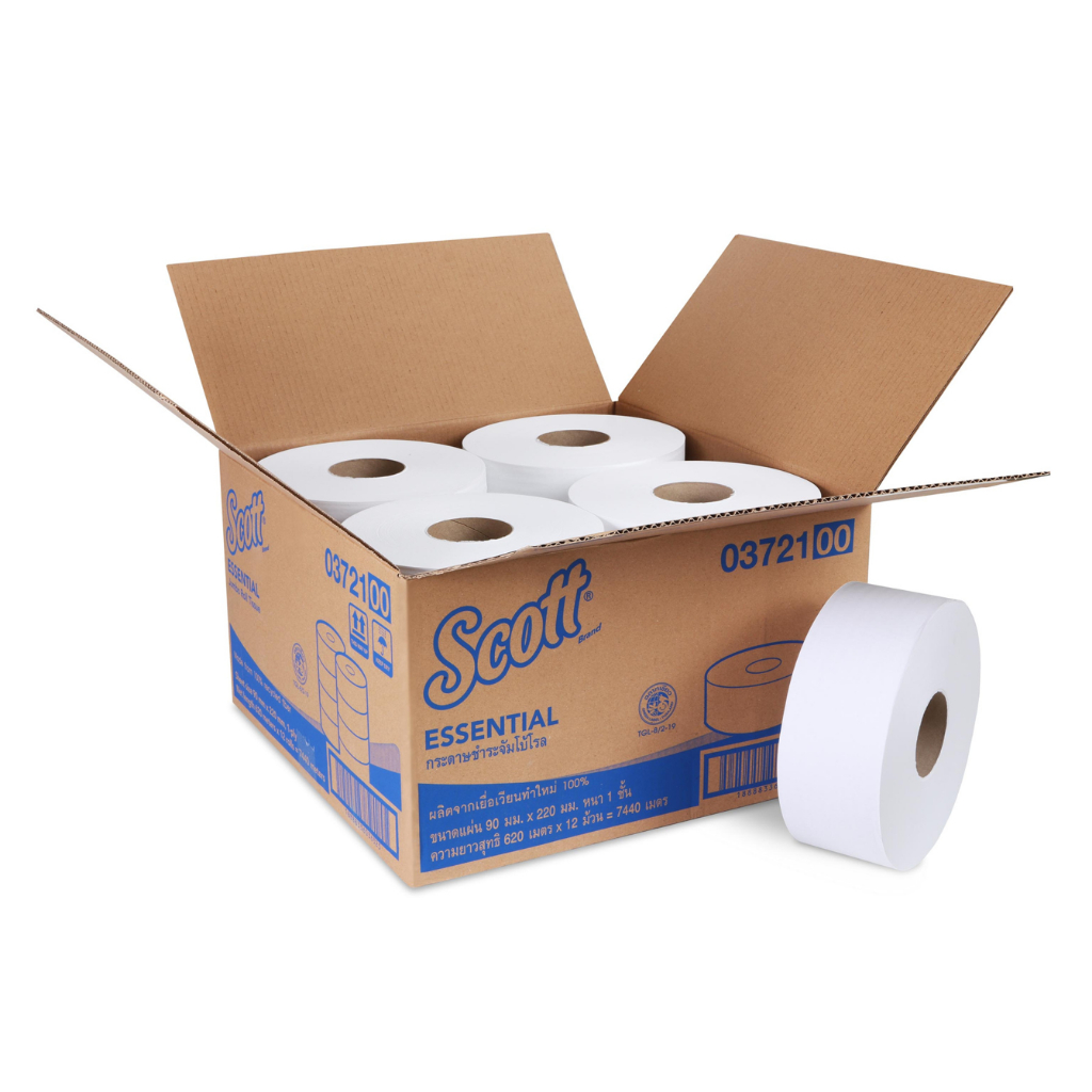 SCOTT กระดาษชำระม้วนใหญ่ สก๊อตต์ เอสเซนเชี่ยล จัมโบ้ โรล ทิชชู่ หนา 1 ชั้น รหัสสินค้า 03721 12 ม้วน ม้วนละ 620 เมตร
