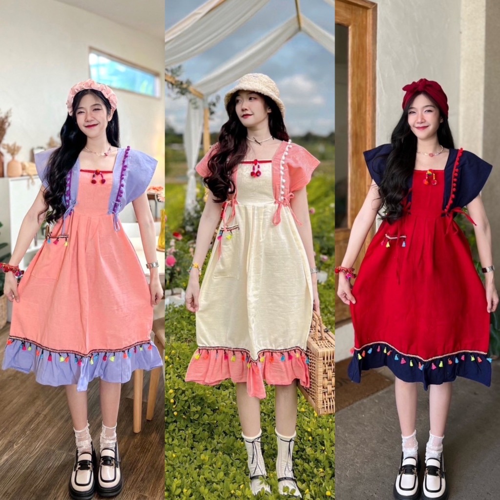 ชุดดอย เดรสยาว40นิ้วแต่งปอมระบายพู่น่ารักๆ /สินค้ามีพร้อมส่ง