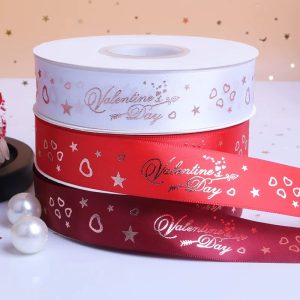 ริบบิ้นวันวาเลนไทน์ ริบบิ้นผ้าซาติน ริบบิ้นห่อช่อดอกไม้ สีแดง พิมพ์ลายValentine’s Day ช่อของขวัญ ช่อกุหลาบ