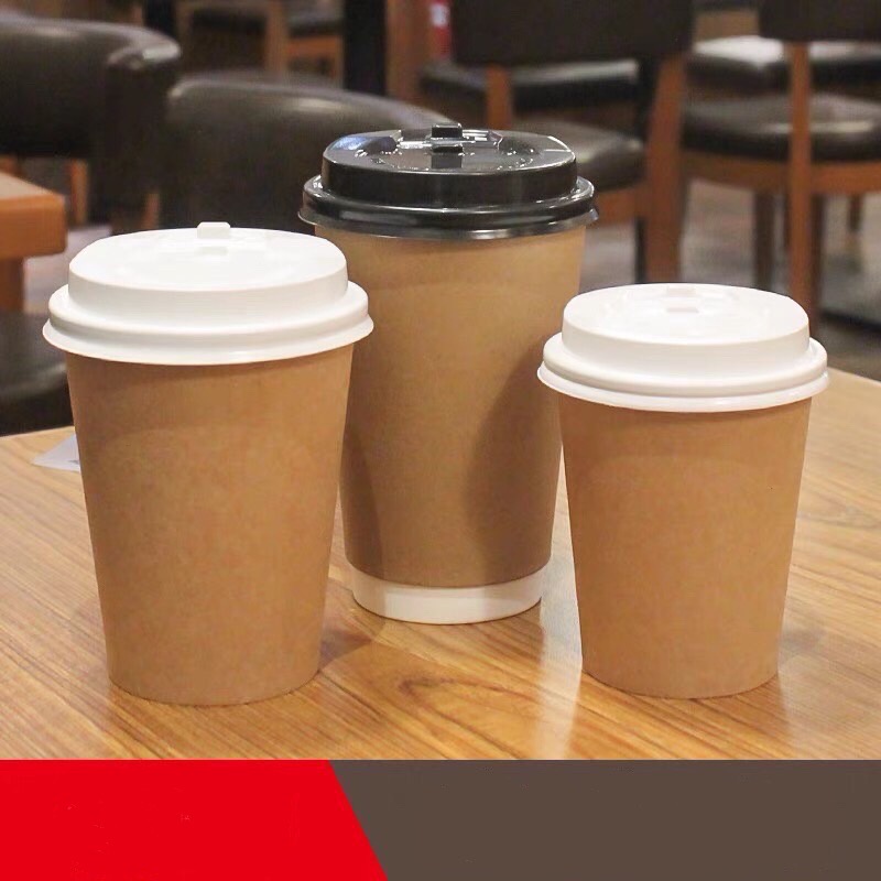 แก้วกาแฟร้อนเนื้อเรียบ (สีน้ำตาลคราฟท์) (สีขาว) (25ใบ) พร้อมฝาขนาด 8oz 14oz 16oz แก้วหนา 2ชั้น