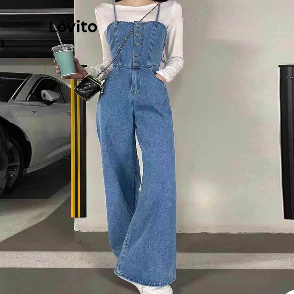 Lovito จั๊มสูท มีกระเป๋า กระดุมหน้า ฟอกสี สำหรับผู้หญิง LNE22047 (หลากสี)