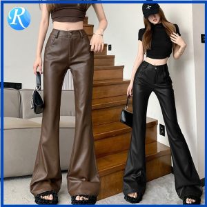 กางเกงขายาวลําลอง หนัง PU เอวสูง ทรงสลิมฟิต สีดํา แฟชั่นฤดูใบไม้ร่วง และฤดูหนาว สําหรับสตรี