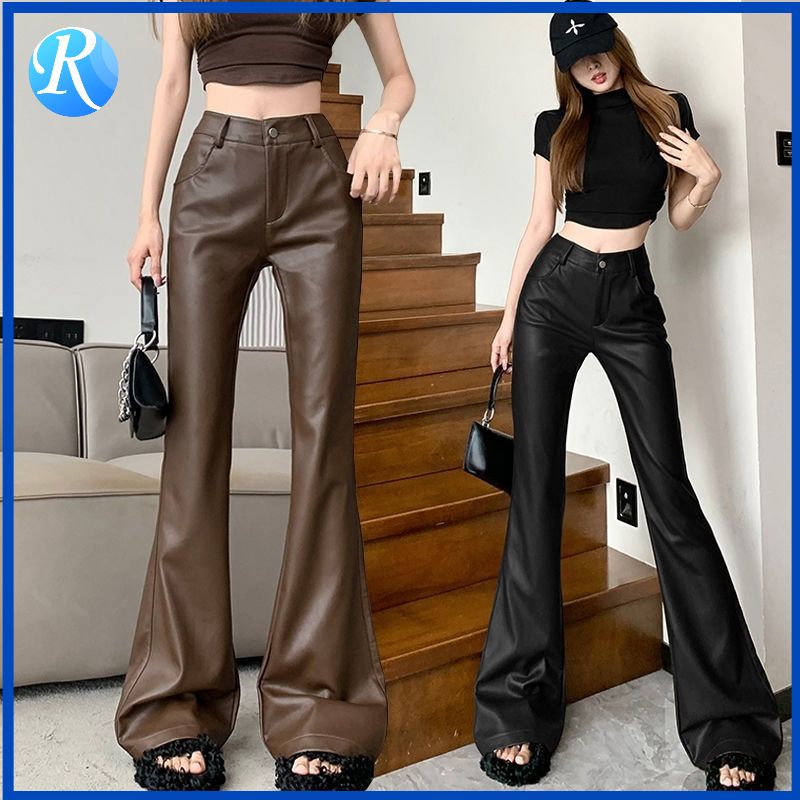 กางเกงขายาวลําลอง หนัง PU เอวสูง ทรงสลิมฟิต สีดํา แฟชั่นฤดูใบไม้ร่วง และฤดูหนาว สําหรับสตรี