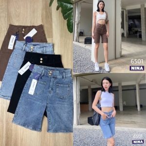 NN-ST  6501 กางเกงยีนส์ขาสามส่วนผ้ายืดหยุ่นงานดี  แต่งขอบยื่นกระดุมทองเอวสูงปรี๊ด เก็บทรงเก็บ