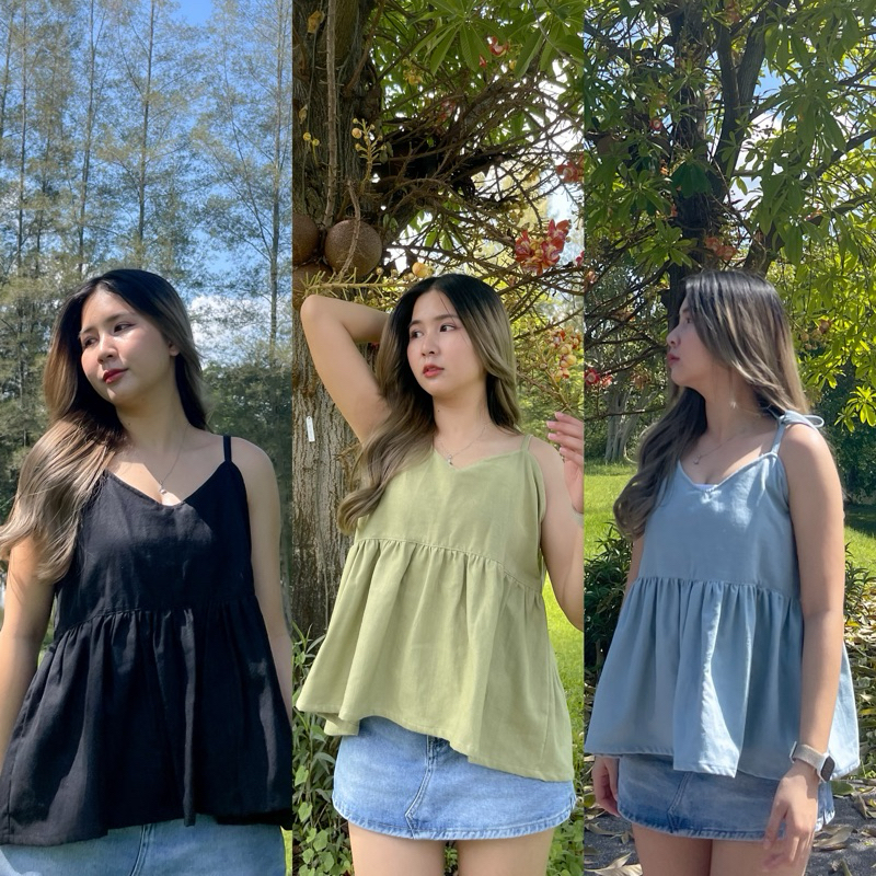 Alice  มี 2 size เสื้อสายเดี่ยวคอวีผูกโบว์ไหล่ชายแต่งระบายผ้าฝ้าย