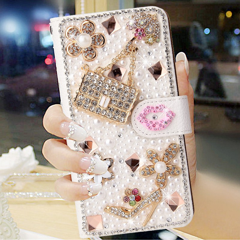 Bling Rhinestoneเพชรเคสโทรศัพท์สําหรับiPhone 16 11 12 13 14 15 Pro Max XR X XS MaxหนังหรูหราGlitterดอกไม้ลิปสติกกระเป๋าถือผู้ถือบัตรกระเป๋าสตางค์พลิกปกหนังสือ