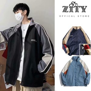 ZITY เสื้อแจ๊คเก็ตผู้ชาย ชุดกีฬาคู่นักเรียนเย็บสีเสื้อคู่หลวมแฟชั่นคอปกชุดเบสบอลเกาหลีรุ่น