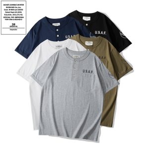 OKONKWO   เสื้อยืด คอเฮนรี่ พิมพ์ลายทหาร USAF Pocket 200 กรัม