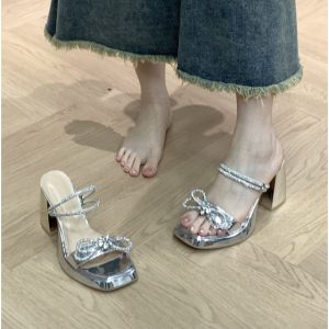 ✨ รองเท้าส้นสูง มีโบว์เพชร รัดข้อ สไตล์ฝรั่งเศส สว่างประกาย