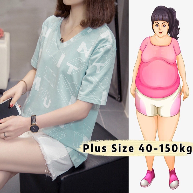 【พร้อมส่ง】เสื้อยืดคอวี แขนสั้น ทรงหลวม พลัสไซซ์ สไตล์เกาหลี 150 กก. แฟชั่นสําหรับผู้หญิง
