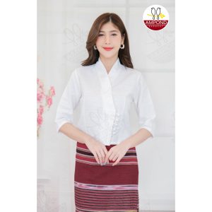 เสื้อพื้นเมืองผู้หญิงกระดุม5เม็ดแขนสามส่วนสีขาว