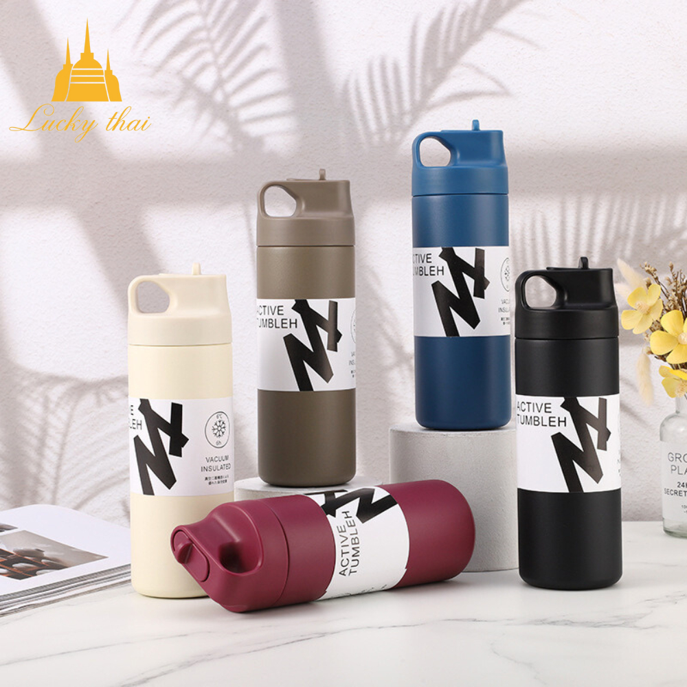 luckythai กระบอกน้ำเก็บความเย็น กระบอกใส่น้ำ มีหลอดดูดที่ฝา มีหูหิ้ว เก็บอุณหภูมิ ขนาด 550 ml