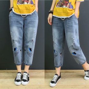 กางเกงยีนส์ผู้หญิงเอวสูง กางเกงยีนส์สไตล์เกาหลี ขายาว งานปัก เอวยางยืด ใส่สบาย พร้อมส่งจากกรุงเทพ