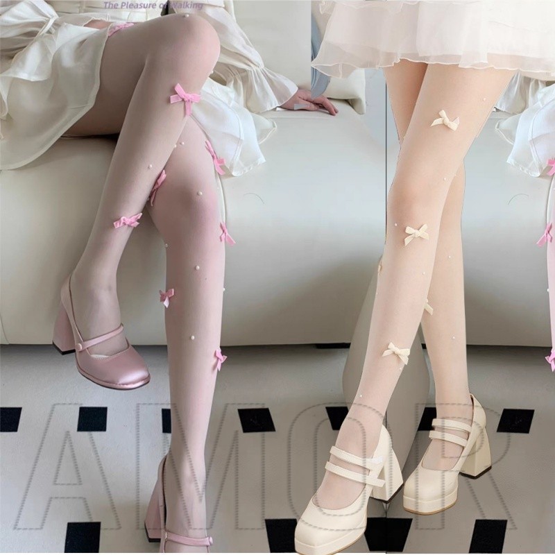 ถุงน่องยาว ผ้ากํามะหยี่ ประดับโบว์ และไข่มุก สวมใส่สบาย สีดํา สีขาว สําหรับคอสเพลย์อนิเมะ JK Y2K