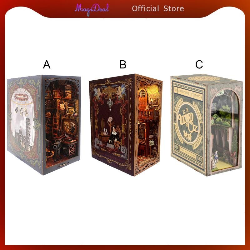 Magideal DIY ชุด Bookends รุ่นสร้างความคิดสร้างสรรค์ชุดตุ๊กตาชั้นวางหนังสือ Booknooks พร้อมไฟ Dollhouse Booknooks ใส่ตกแต่ง