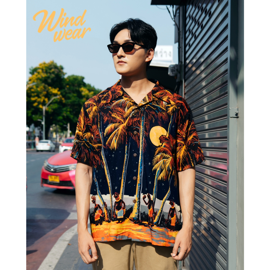 Windwear Summer Soul ‘Talung’ Aloha Shirt เสื้อฮาวาย หนังตะลุง ภาคใต้ สีน้ำเงิน Metallic Blue  ผ้าเรยอนธรรมชาติ 100%