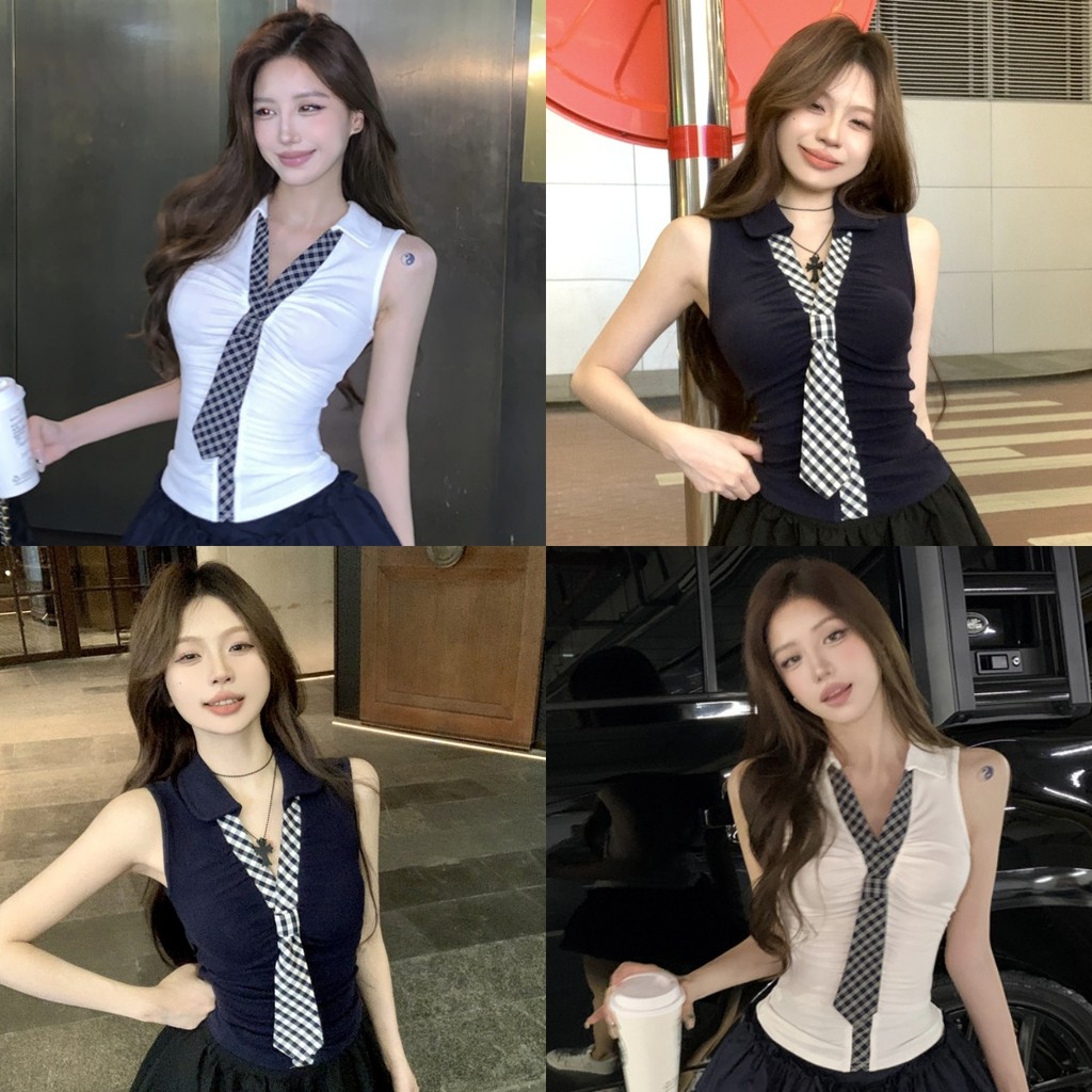 Miqi เสื้อกล้าม คอปก แต่งผูก ไหมพรม ผ้าใส่สบาย ยืดพอดี เสื้อแขนกุด สไตล์เกาหลี แฟชั่น น่ารัก#8K191