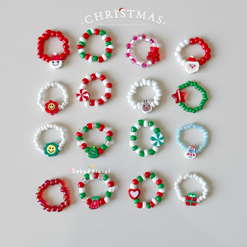 ꒰พร้อมส่ง꒱ Merry Christmas Ring beads ♡‧₊˚ | แหวนลูกปัดคริสต์มาส ของแจกปีใหม่ แหวนลูกปัด