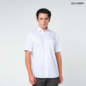 OLYMP LUXOR Shirt เสื้อเชิ้ตชาย แขนสั้นสีขาว ผ้าเรียบ ทรงหลวม ใส่สบาย รีดง่าย