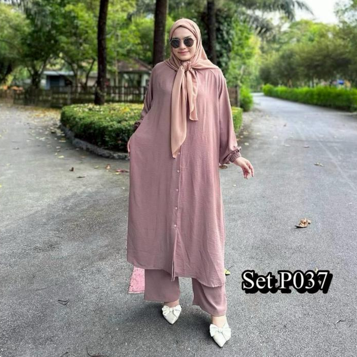 ชุดเซ็ทเสื้อกางเกงคลุมยาว มีกระเป๋าข้าง 037