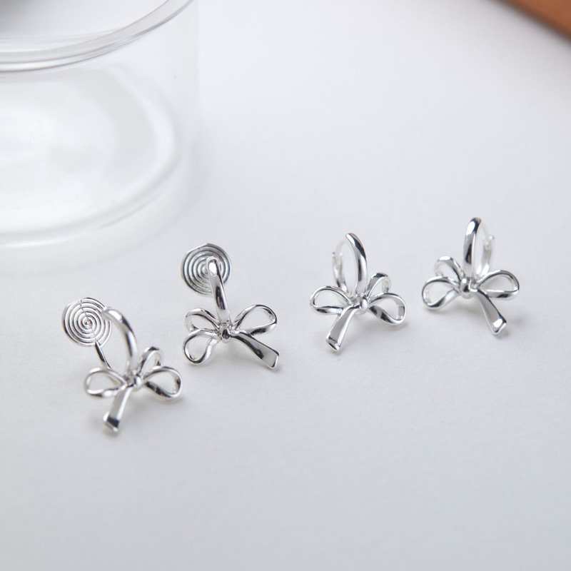 ( ต่างหูหนีบ ขดลวด ) ต่างหูโบว์ สีเงิน