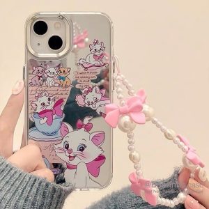 Iphone 15 14 13 12 11 Pro Max X Xr Xs Max 7 8 Plus เคสโทรศัพท์ การ์ตูนแมวแมรี่ สีชมพู + สายคล้อง เคสโทรศัพท์แบบนิ่ม