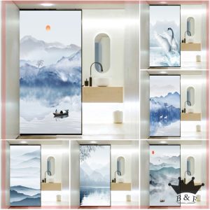ใหม่ สติกเกอร์ฟิล์มกระจกทึบแสง ลายภูมิทัศน์หมึก สไตล์จีน ป้องกันความเป็นส่วนตัว สําหรับติดห้องน้ํา