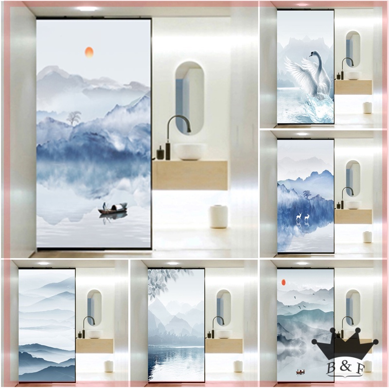 ใหม่ สติกเกอร์ฟิล์มกระจกทึบแสง ลายภูมิทัศน์หมึก สไตล์จีน ป้องกันความเป็นส่วนตัว สําหรับติดห้องน้ํา