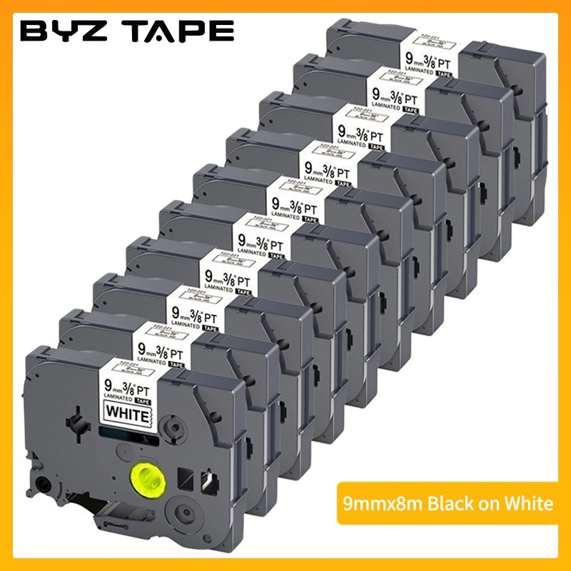 Byz TAPE Tze221 ตลับหมึกลามิเนต สีดําบนพื้นขาว 9 มม.*8 ม. Tze-221 Tze221 สําหรับ Brother P Touch 9 มม. Tz221 10 แพ็ค