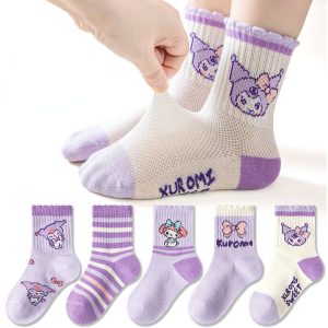 ถุงเท้า ผ้าฝ้าย ระบายอากาศได้ดี ลายการ์ตูนคุโรมิ แฟชั่นฤดูใบไม้ผลิ และฤดูร้อน สําหรับเด็กผู้หญิง จํานวน 5 ชิ้น