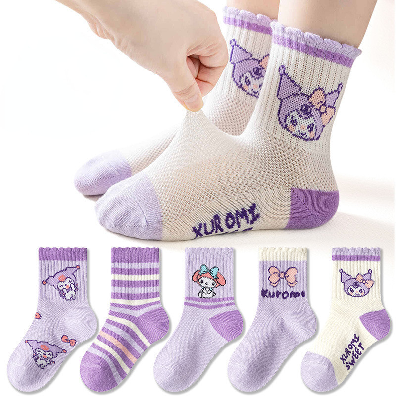 ถุงเท้า ผ้าฝ้าย ระบายอากาศได้ดี ลายการ์ตูนคุโรมิ แฟชั่นฤดูใบไม้ผลิ และฤดูร้อน สําหรับเด็กผู้หญิง จํานวน 5 ชิ้น