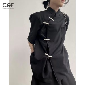 Chaogongfang เสื้อเชิ้ตแขนสั้น คอสี่เหลี่ยม สไตล์จีน เรียบง่าย